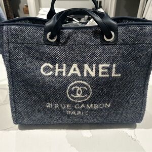 CHANEL Navy Denim Tote with White Accents
